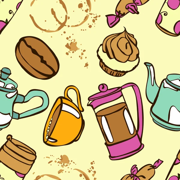 Kahve. Kahve Tema. Tatlılar. Vektör sorunsuz çizim görüntü ile kahve, kahve kapları, kahve fincanı, pasta, kahve çekirdekleri ve kahve lekeleri. Parlak görüntü. Sıcak canlandırıcı içecek. — Stok Vektör