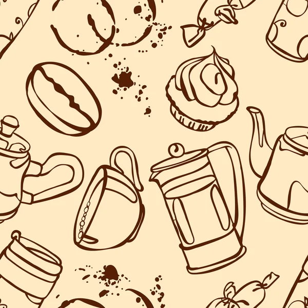 Du café. Thème café. Desserts. Illustration vectorielle transparente avec l'image de café, cafetières, tasses à café, gâteau, grains de café et taches de café. Image lumineuse. Boisson chaude revigorante . — Image vectorielle