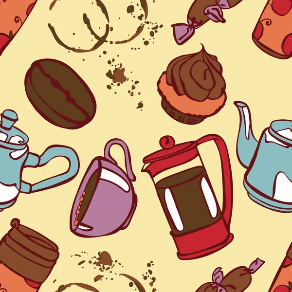 Kaffee. Kaffee-Thema. Desserts. Vektor nahtlose Illustration mit dem Bild von Kaffee, Kaffeekannen, Kaffeetassen, Kuchen, Kaffeebohnen und Kaffeeflecken. helles Bild. Heißes belebendes Getränk. — Stockvektor