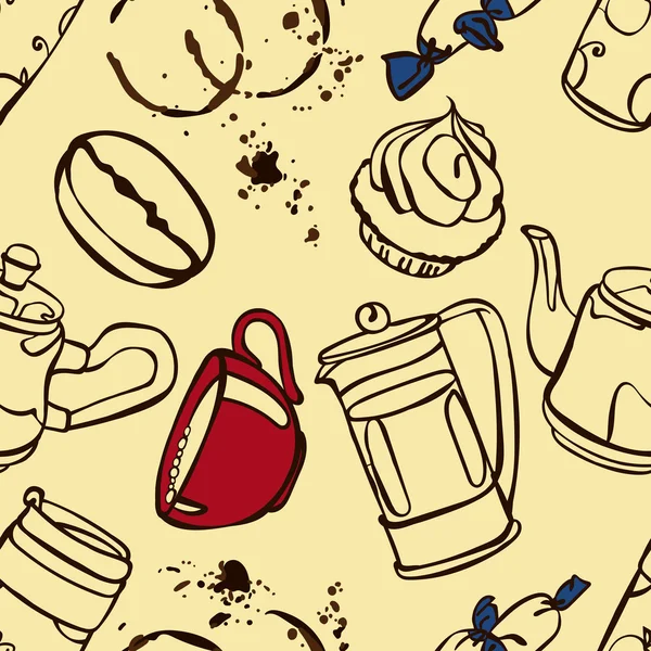 Du café. Thème café. Desserts. Illustration vectorielle transparente avec l'image de café, cafetières, tasses à café, gâteau, grains de café et taches de café. Image lumineuse. Boisson chaude revigorante . — Image vectorielle