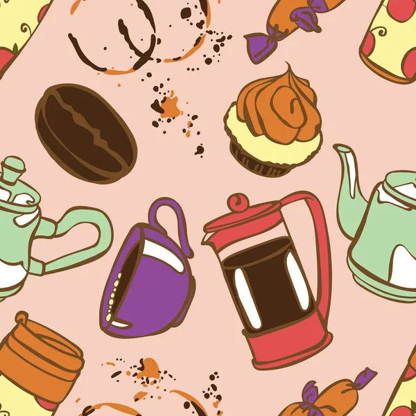 Café. Tema café. Postres. Ilustración sin fisuras vectorial con la imagen de café, cafetera, tazas de café, pastel, granos de café y manchas de café. Una imagen brillante. Bebida vigorizante caliente . — Vector de stock