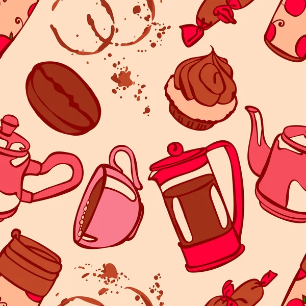 Kaffe. Kaffe tema. Desserter. Vector sömlös illustration med bilden av kaffe, kaffekannor, kaffekoppar, tårta, kaffebönor och kaffe fläckar. Ljus bild. Varm uppfriskande dryck. — Stock vektor