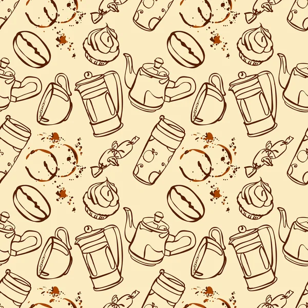 Koffie. Koffie thema. Desserts. Naadloze illustratie van de vector met de afbeelding van de koffie, de potten koffie, koffie kopjes, taart, koffiebonen en koffie vlekken. Helder beeld. Warme verkwikkende dranken. — Stockvector