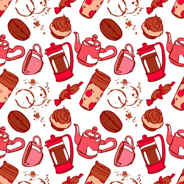 Kaffee. Kaffee-Thema. Desserts. Vektor nahtlose Illustration mit dem Bild von Kaffee, Kaffeekannen, Kaffeetassen, Kuchen, Kaffeebohnen und Kaffeeflecken. helles Bild. Heißes belebendes Getränk. — Stockvektor