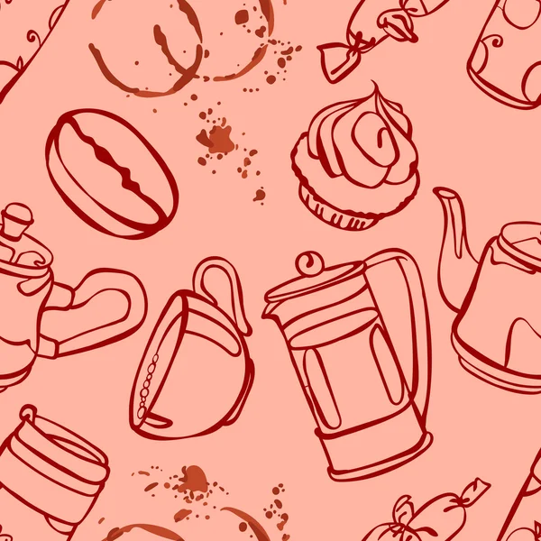 Kaffee. Kaffee-Thema. Desserts. Vektor nahtlose Illustration mit dem Bild von Kaffee, Kaffeekannen, Kaffeetassen, Kuchen, Kaffeebohnen und Kaffeeflecken. helles Bild. Heißes belebendes Getränk. — Stockvektor