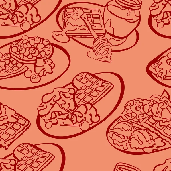 Série de pequeno-almoço. Waffles. Ilustração sem costura vetorial, que mostra waffles em conjunto com mel, chocolate, bagas (mirtilos, cerejas), chantilly, sorvete. Fundo brilhante . — Vetor de Stock