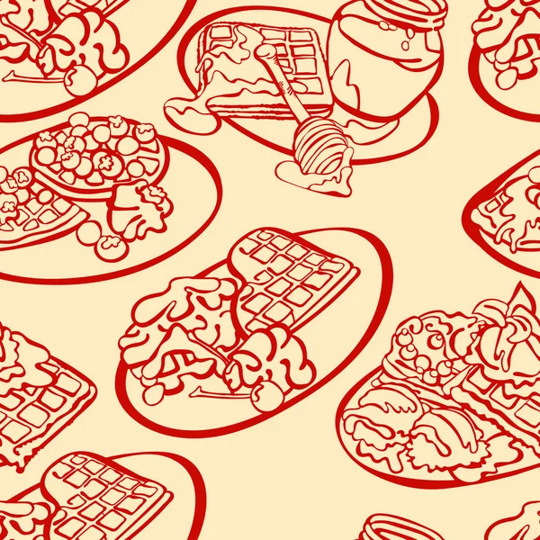Série de pequeno-almoço. Waffles. Ilustração sem costura vetorial, que mostra waffles em conjunto com mel, chocolate, bagas (mirtilos, cerejas), chantilly, sorvete. Fundo brilhante . — Vetor de Stock
