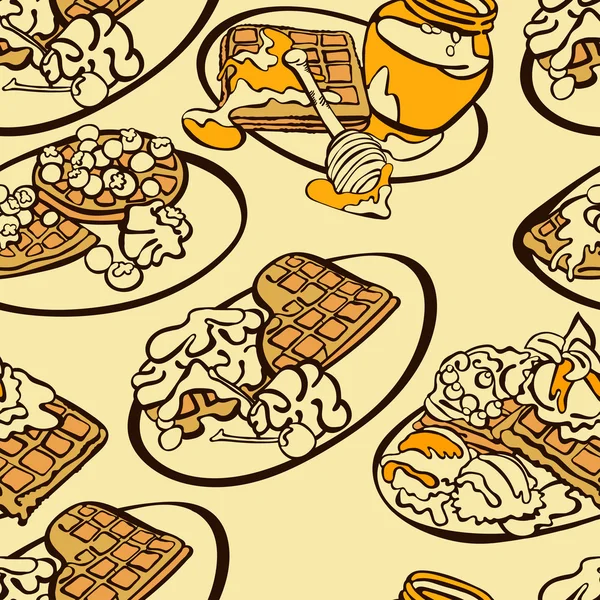 Série de petit déjeuner. Des gaufres. Illustration vectorielle sans couture, qui montre les gaufres en conjonction avec le miel, le chocolat, les baies (bleuets, cerises), la crème fouettée, la crème glacée. Fond lumineux . — Image vectorielle