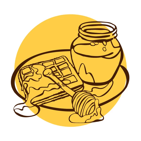 Serie de (Conjunto) desayuno. Gofres. Ilustración vectorial, que muestra gofres junto con miel, jarabe, chocolate, bayas (arándanos, cerezas), crema batida, helado. Imagen brillante . — Archivo Imágenes Vectoriales