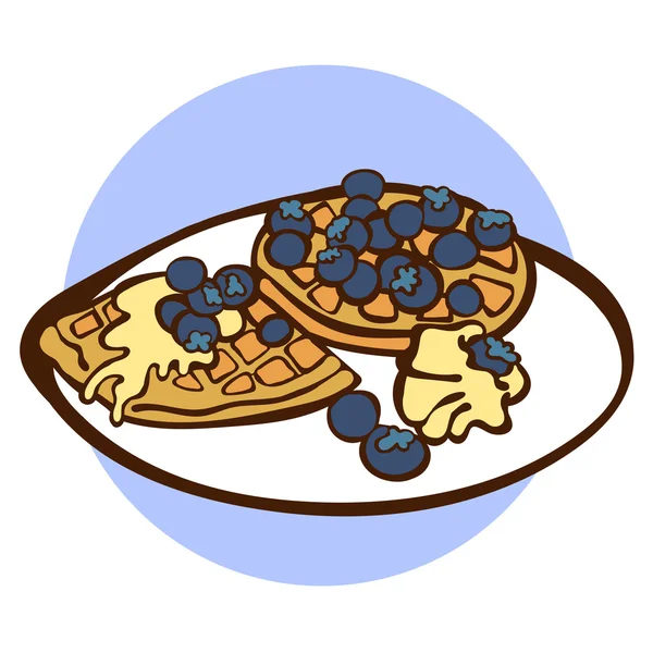 Seria (zestaw) śniadanie. Gofry. Ilustracja wektorowa, który pokazuje gofry w połączeniu z miodu, syropu, czekolada, owoce (jagody, wiśnie), bita śmietana, lody. Jasny obraz. — Wektor stockowy