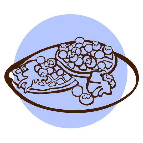 Серія сніданків. Вафлі. Векторні ілюстрації, які показують вафлі в поєднанні з медом, сиропом, шоколадом, ягодами (чорниці, вишні), збитими вершками, морозивом. Яскрава картина . — стоковий вектор