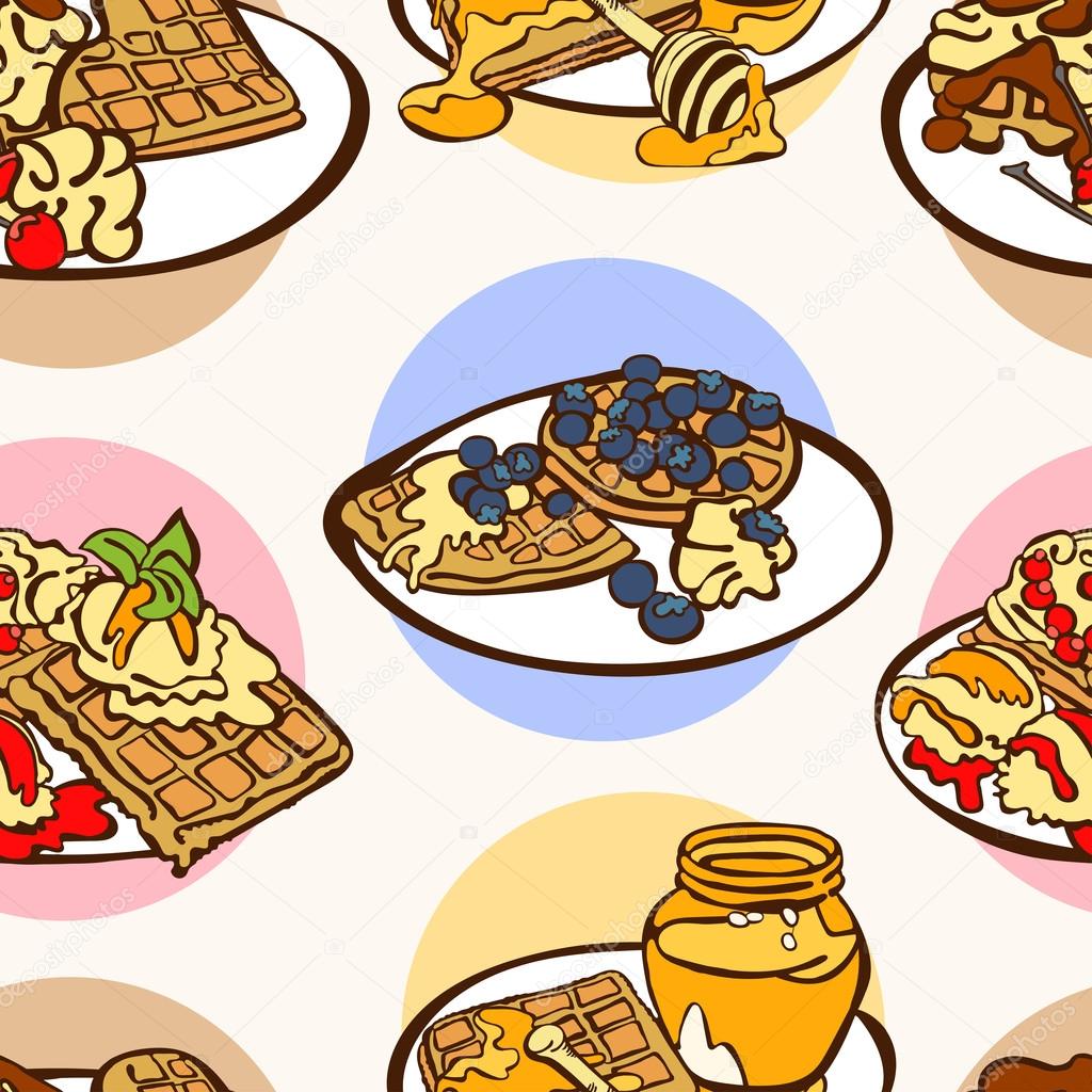 Series of breakfast. Waffles. Vector seamless illustration, which shows waffles in conjunction with honey, chocolate, berries (blueberries, cherries), whipped cream, ice cream. Bright background.