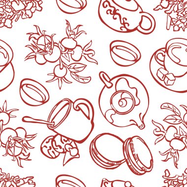 çay töreni. çay. Çay saati. vektör gösterir sorunsuz illüstrasyon: çay, çay, kurabiye, delikanlı rose hips fincan. Tatlı parlak görüntü.