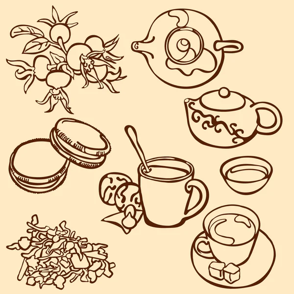 Ceremonia del té. Té. Hora del té. Ilustración vectorial, que muestra: té, taza de té, galletas, ramitas de rosa cadera. Linda imagen brillante . — Archivo Imágenes Vectoriales