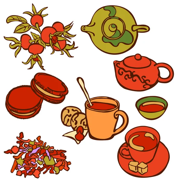 Teezeremonie. Tee. Teezeit. Vektor-Illustration, die zeigt: Tee, Tasse Tee, Kekse, Hagebuttenzweig. Nettes helles Bild. — Stockvektor