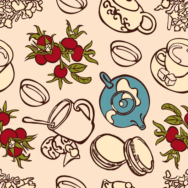 Cerimónia do chá. Chá. Hora do chá. Ilustração sem emenda do vetor, que mostra: chá, xícara de chá, biscoitos, quadris de rosa de raminho. Imagem brilhante bonito . — Vetor de Stock