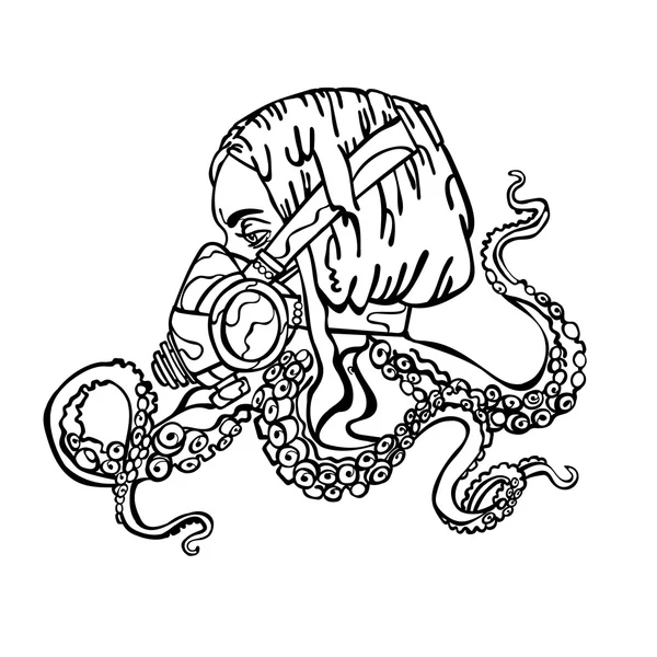 Girl. Steam-punk. Respiratory. Tentacles of an octopus. Vector illustration, which shows: a beautiful girl, hair, octopus tentacles, respirator, mask, gas mask tentacles. Bright picture. Gothic. Royalty Free Stock Vectors