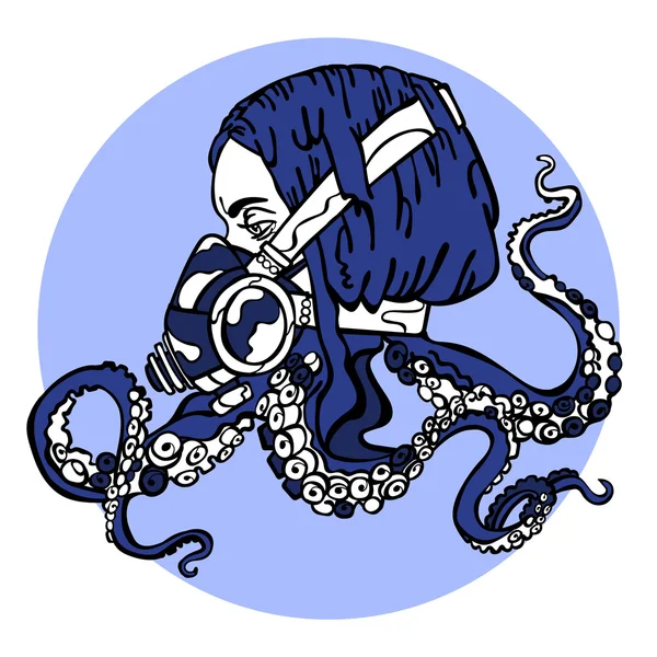 Girl. Steam-punk. Respiratory. Tentacles of an octopus. Vector illustration, which shows: a beautiful girl, hair, octopus tentacles, respirator, mask, gas mask tentacles. Bright picture. Gothic. Royalty Free Stock Illustrations
