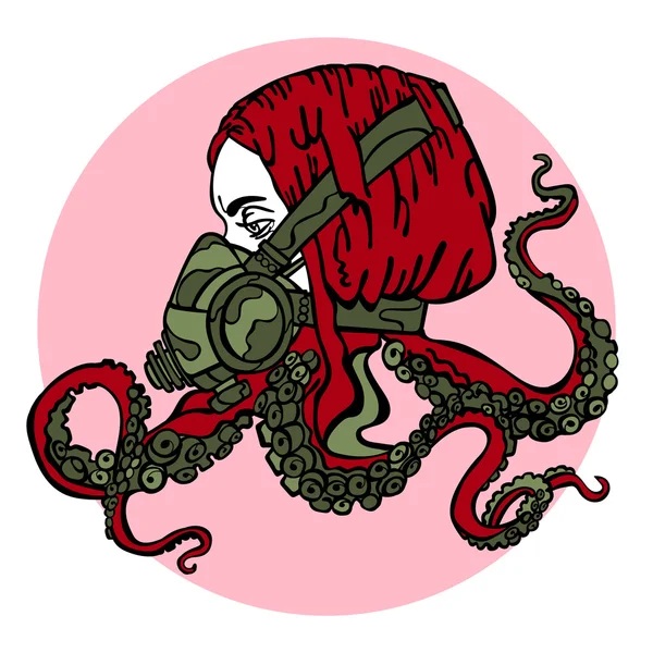 Girl. Steam-punk. Respiratory. Tentacles of an octopus. Vector illustration, which shows: a beautiful girl, hair, octopus tentacles, respirator, mask, gas mask tentacles. Bright picture. Gothic. Stock Vector