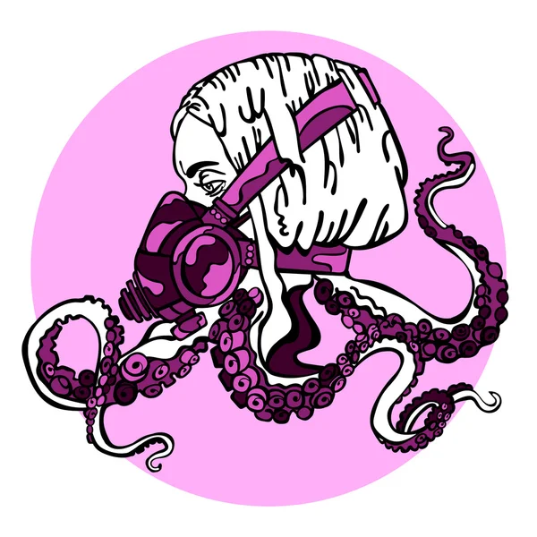 Girl. Steam-punk. Respiratory. Tentacles of an octopus. Vector illustration, which shows: a beautiful girl, hair, octopus tentacles, respirator, mask, gas mask tentacles. Bright picture. Gothic. Royalty Free Stock Vectors
