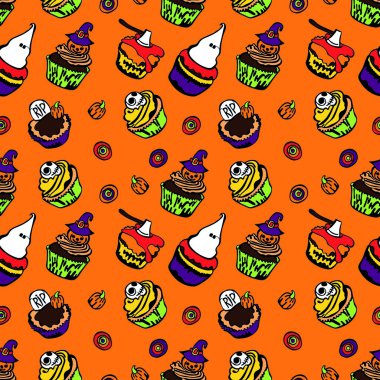 Cupcakes for Halloween. Pumpkin, ghost, witch hat, skull and ax.