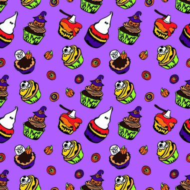 Cupcakes for Halloween. Pumpkin, ghost, witch hat, skull and ax.