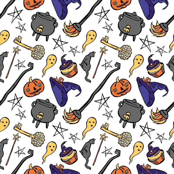 Hexenmuster: Hexenhut, Hexenkessel, Besen, schwarze Katze, Zauberstab, alter Schlüssel, Halloween-Kürbis, Geist und Muffin zu Halloween. — Stockvektor