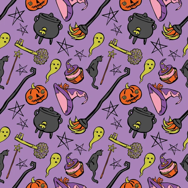 Hexenmuster: Hexenhut, Hexenkessel, Besen, schwarze Katze, Zauberstab, alter Schlüssel, Halloween-Kürbis, Geist und Muffin zu Halloween. — Stockvektor