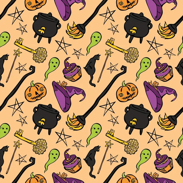 Pattern of witch: witch hat, witch cauldron, broom, black cat, magic wand, old key, Halloween pumpkin, ghost and muffin for Halloween. — 图库矢量图片