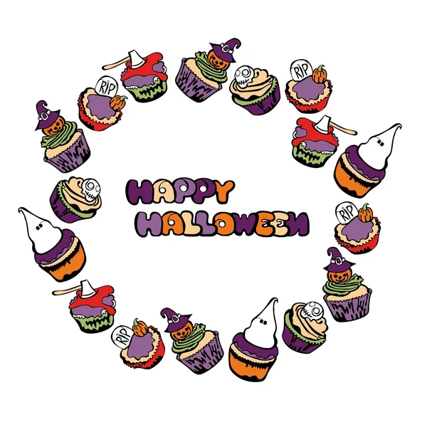 Joyeux Halloween. Des cupcakes. Cadre rond - couronne . — Image vectorielle