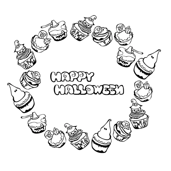 Happy Halloween. Cupcakes. Round frame - wreath. — Stockvector
