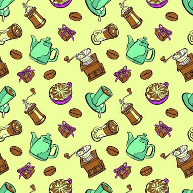 Kahve arka plan. Sorunsuz illüstrasyon vektör: cezve, kahve kupa, Kahve değirmeni, kahve çekirdekleri, kahve lekeleri ve kahve tatlı.