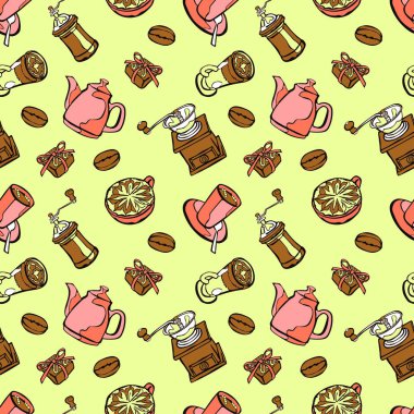 Kahve arka plan. Sorunsuz illüstrasyon vektör: cezve, kahve kupa, Kahve değirmeni, kahve çekirdekleri, kahve lekeleri ve kahve tatlı.