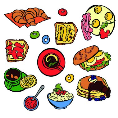 Yemek kahvaltı için. Pastırmalı yumurta. Pişirme. Kahve. İzole nesneleri.