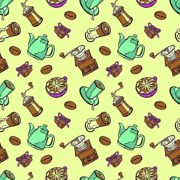 Kahve arka plan. Sorunsuz illüstrasyon vektör: cezve, kahve kupa, Kahve değirmeni, kahve çekirdekleri, kahve lekeleri ve kahve tatlı.
