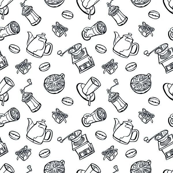 Kaffe bakgrund. Vektor sömlös illustration: kaffekanna, kaffekopp, kaffekvarn, kaffebönor, kaffe fläckar och kaffe dessert. — Stock vektor