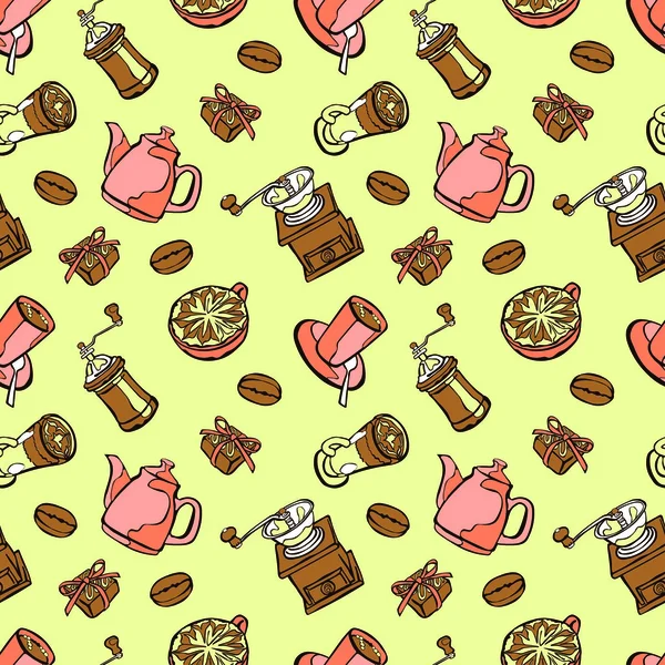 Kahve arka plan. Sorunsuz illüstrasyon vektör: cezve, kahve kupa, Kahve değirmeni, kahve çekirdekleri, kahve lekeleri ve kahve tatlı.