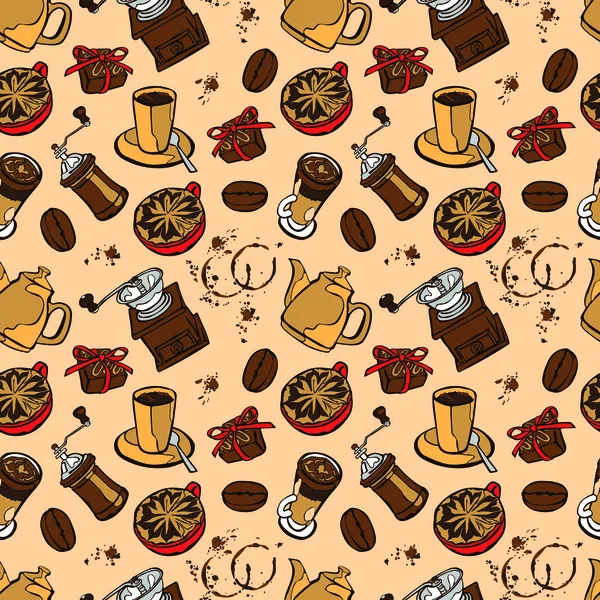 Fondo de café. Ilustración sin costura vectorial: cafetera, taza de café, molinillo de café, granos de café, manchas de café y postre de café . — Vector de stock