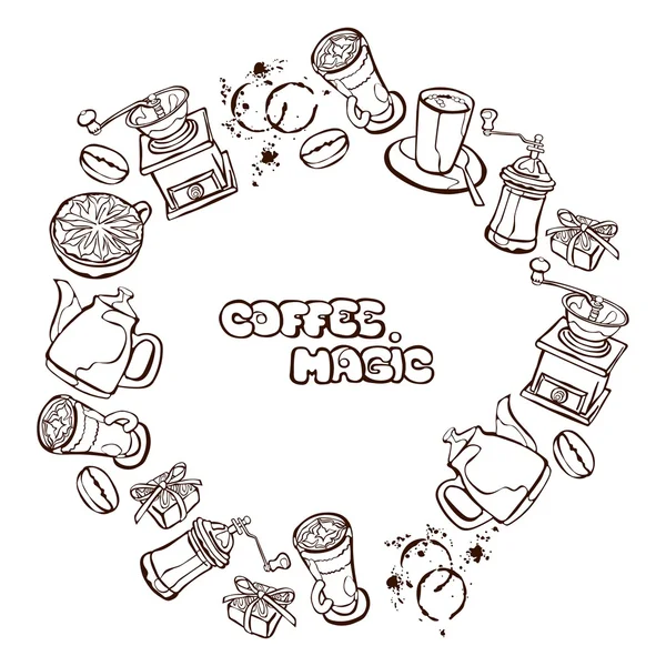 Fondo de café. Ilustración sin costura vectorial: cafetera, taza de café, molinillo de café, granos de café, manchas de café y postre de café. Marco redondo - corona . — Archivo Imágenes Vectoriales