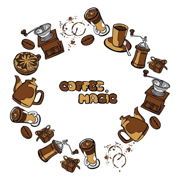 Kaffee-Hintergrund. Vektor nahtlose Darstellung: Kaffeekanne, Kaffeetasse, Kaffeemühle, Kaffeebohnen, Kaffeeflecken und Kaffee-Dessert. Rundrahmen - Kranz. — Stockvektor