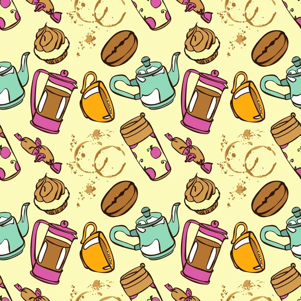 Fondo de café. Ilustración sin costura vectorial: cafetera, taza de café, molinillo de café, granos de café, manchas de café y postre de café . — Vector de stock