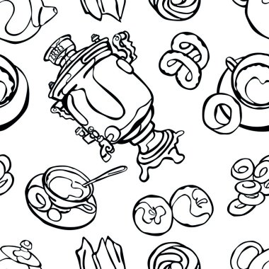 Semaver. Sıcak çay simit ile. Çizilmiş vektör sorunsuz arka plan.