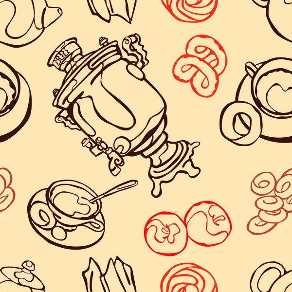 Samovar. Thé chaud avec des bagels. Fond vectoriel sans couture, dessiné à la main . — Image vectorielle