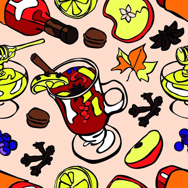 Vino caliente. Ilustración sin costura vectorial de vino, vino caliente caliente caliente, especias, frutas, miel y hojas de otoño . — Vector de stock