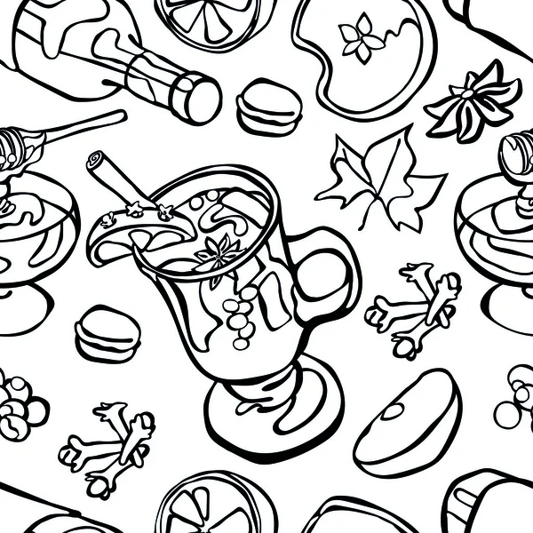 Du vin chaud. Illustration vectorielle sans couture du vin, du vin chaud chaud chaud, des épices, des fruits, du miel et des feuilles d'automne . — Image vectorielle