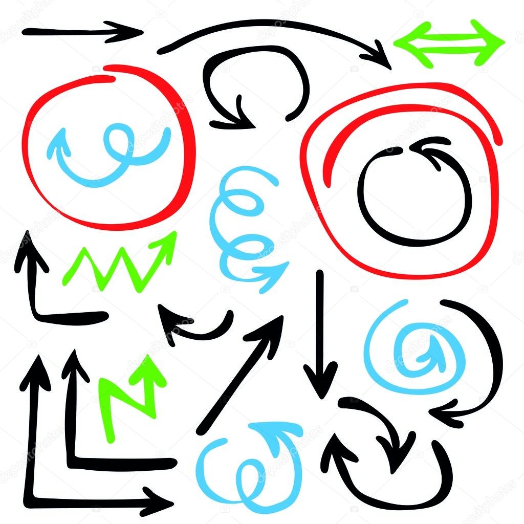 Arrows and frames. Vector set of hand drawn arrows. Vector design elements. Collection of bright drawn arrows, frames strokes and other elements.