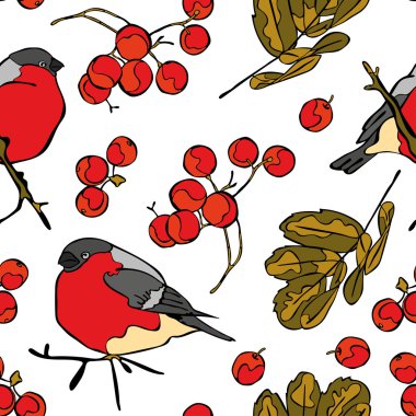 Bullfinches and rowan. Winter pattern. Vector seamless pattern (background).