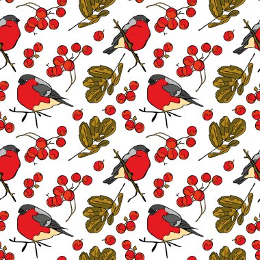 Bullfinches and rowan. Winter pattern. Vector seamless pattern (background).