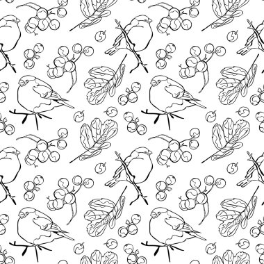 Bullfinches and rowan. Winter pattern. Vector seamless pattern (background).