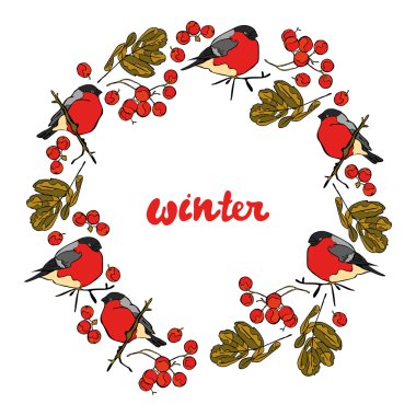 Winter. Winter pattern. Bullfinches and rowan. Frame - wreath.